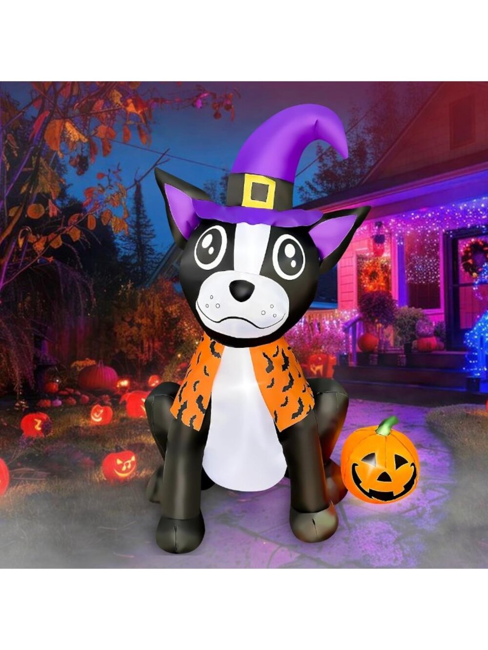 4 FT Halloween Inflatable Bulldog with Pumpkin - LED Lighted Yard Decor for